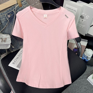 FjwldyV领正肩短袖T恤女夏季245斤遮肚子大码修身收腰上衣