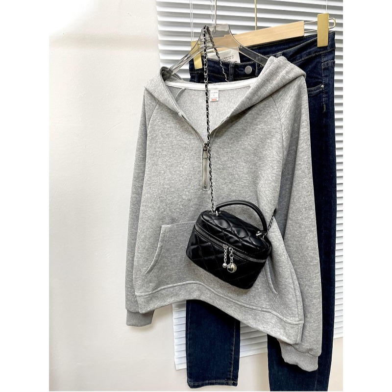 Fjwldy半拉链连帽套头卫衣女秋冬小众宽松大码长袖上衣美式外套