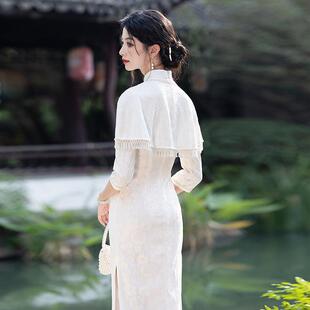 敬酒服带披肩流苏两件套秋冬登记 米白色旗袍女订婚新中式 26新款 款