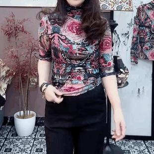 复古短袖 新中式 正品 蕾丝网纱t恤女夏修身 国风打底衫 气质高领半袖