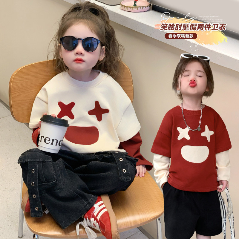 女童春秋季2025新款春款假两件笑脸卫衣春装休闲上衣韩范打底衫