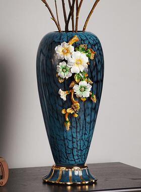 黎采花开富贵手绘珐琅彩艺术琉璃花瓶摆件欧式奢华蓝色琉璃花瓶