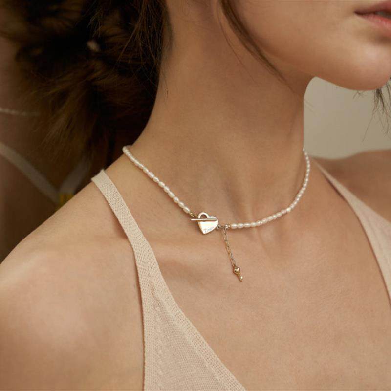 韩版简约温婉淡水米粒小珍珠爱心OT扣钥匙气质短款项链锁骨链女
