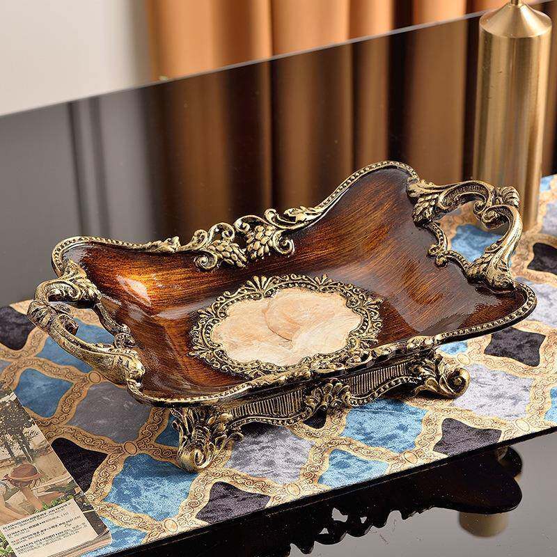欧式水果盘摆件茶几家用奢华美式复古木纹干果盘瓜子盘纸巾盒套装