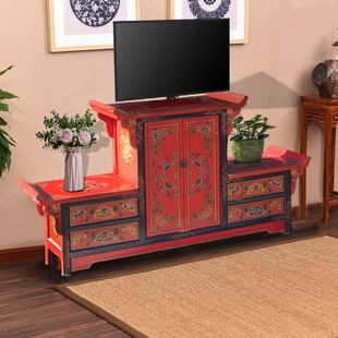 实木仿古电视柜客厅家用古典手绘简约组合柜小户型靠墙地柜 中式