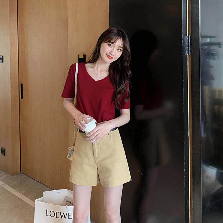 黑白糖果港风酒红色v领短袖t恤女夏宽松糖果纯色白色黑色半袖上