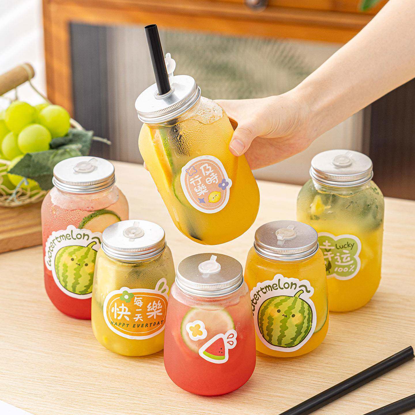 酸汤子水果茶杯一次性带盖塞孔瓶子奶茶果汁饮料品外带纤体便携分