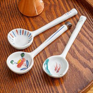 创意手绘甜品小汤勺喝粥长柄调羹高温陶瓷餐具汤勺釉下家用饭勺勺