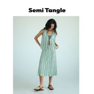 Semi Tangle夏季新品针织条纹多巴胺度假马甲半裙套装