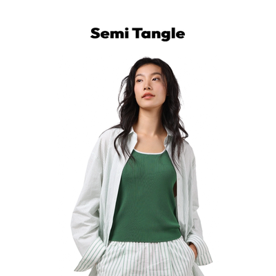 Semi Tangle新品全棉色织绿白条纹宽松衬衫背心女翻领bf休闲衬衣