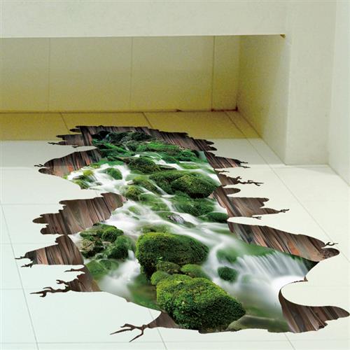 d立体感墙贴纸贴画客厅厨房地板地贴溪流河流山水风景画防水自粘