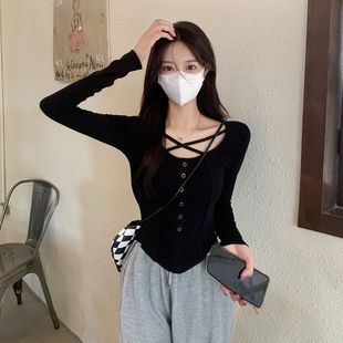 2025新款 胖mm设计感小众露锁骨长 纯欲风甜辣妹上衣女秋冬新款 大码