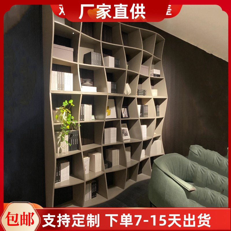 烤漆弧形书架客厅背景墙柜自由组合书柜满墙艺术装饰柜图书展示柜
