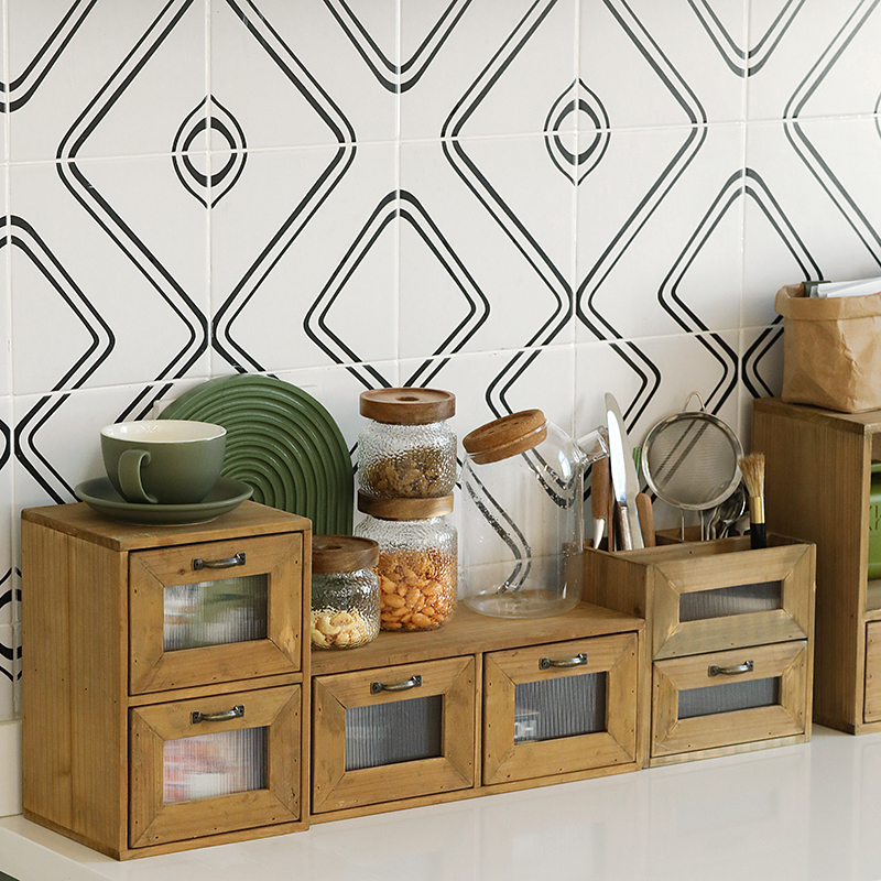 桌面收纳盒抽屉式 复古木质小木盒 原木做旧杂物箱 咖啡豆整理盒