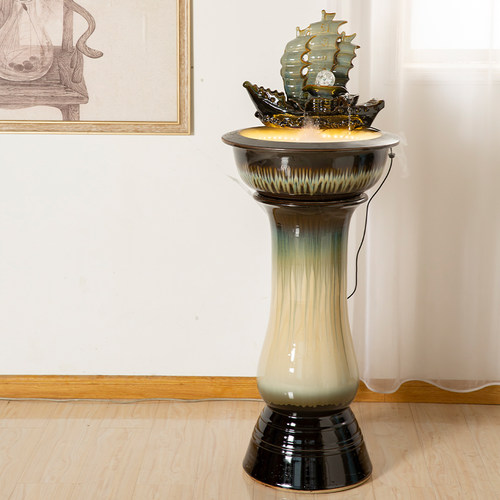 优选创意流水摆件客厅桌面圆形招财陶瓷鱼缸循环生态水族箱中式开