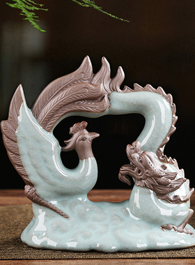 优选汝窑生肖龙年家居摆件客厅书房玄关装饰品可爱龙凤呈祥陶瓷小