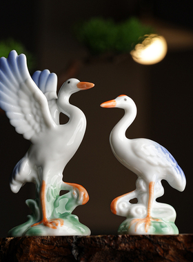 优选创意陶瓷动物仙鹤小摆件家居园艺花盆鱼缸流水器装饰造景小配