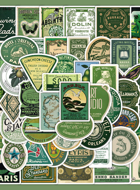 60张绿色复古卡通贴纸复古风装饰行李箱手机壳笔记本素材贴画