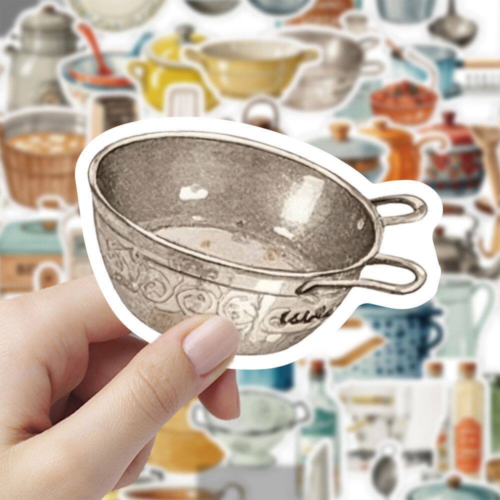 180老式水彩复古风厨房用品贴纸生活用具创意装饰小画手账素材diy