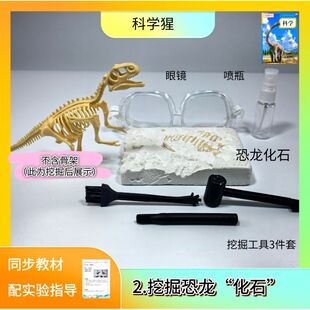 挖掘恐龙化石及挖掘工具5件套/化石 3个挖掘工具 眼镜 喷壶/配套实验说明 同步教材 科学猩科学实验材料