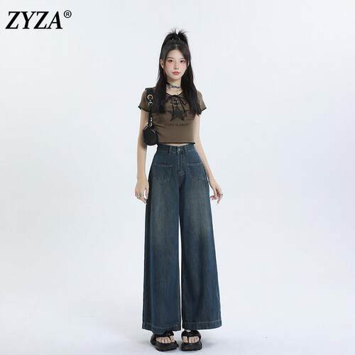 ZYZA小个子牛仔裤春季女款九分裤新款裤子美式复古宽松直筒宽裤