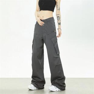 JUNECUT深灰色美式休闲工装裤男女设计感显瘦阔腿直筒高级感西裤