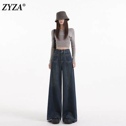 ZYZA复古高腰阔腿牛仔裤女春季宽松裤子2026新款直筒高级高级女裤