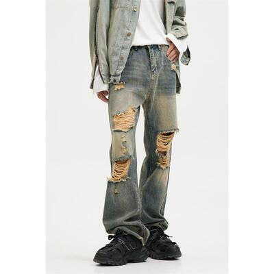 Voguo Relay 小众设计韩版高街做旧洗水破洞宽松直筒中腰牛仔裤男