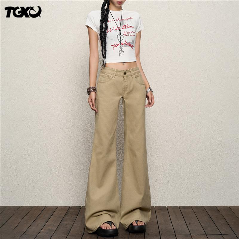 TGXQ美式牛仔裤女2026新款卡其色低腰辣妹复古宽松不贴腿微喇叭裤