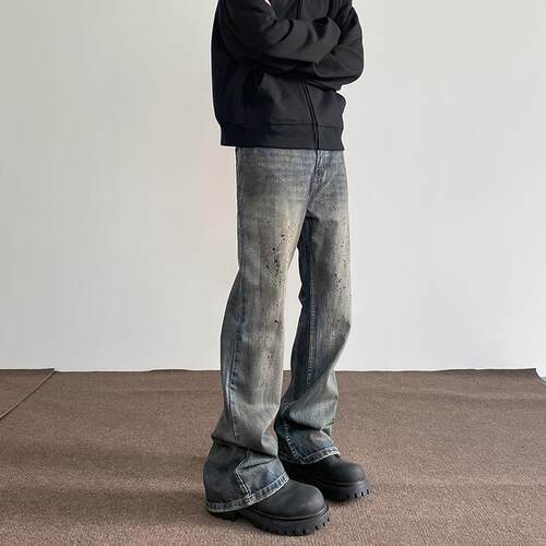 apuee美式高街dirtyfit做旧泼墨牛仔裤ins潮直筒微喇vibe显瘦裤子