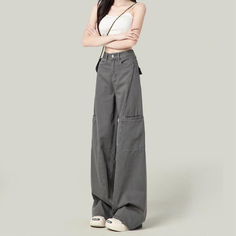 灰色牛仔工装裤女2026新款夏季美式复古高腰宽松直筒显瘦阔腿裤子