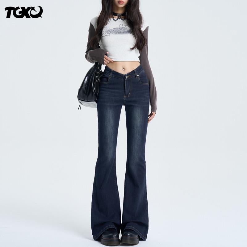 TGXQ微喇牛仔裤女2026年新款时尚潮流v腰辣妹美式复古低腰喇叭裤