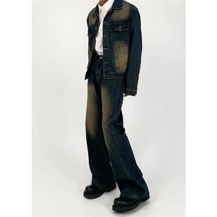 微喇长裤 fit做旧牛仔外套洗水直筒宽松牛仔套装 复古Clean 美式