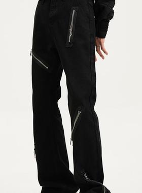 Voguo Relay 原创暗黑宽松微喇叭黑色牛仔裤多拉链设计感男女裤子