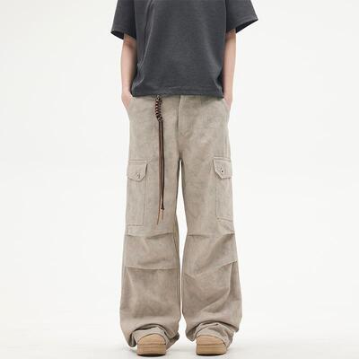 美式复古大理石暗纹口袋直筒阔腿工装裤男女宽松Cargo伞兵裤休闲