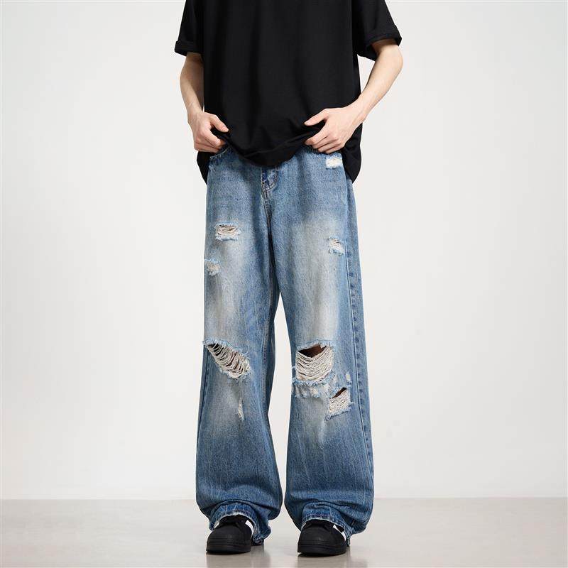 KISKO高街美式破坏破洞水洗蓝色牛仔裤男女垂感休闲宽松直筒长裤