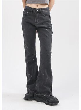 欧阳娜娜同款Voguo Relay 泼墨牛仔裤宽松微喇叭韩版中腰显瘦长腿