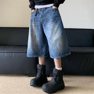 白菜coke美式复古做旧蓝闪电牛仔短裤男宽松直筒阔腿七分裤垂坠感