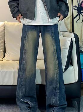 Asphyxia offical春季新款 美式高街拼接微喇阔腿牛仔裤 男女同款