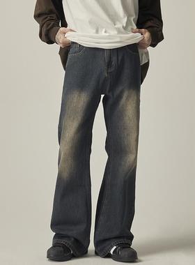 ISIETS 潮牌复古欧美街头微喇叭牛仔裤男2024新款宽松直筒长裤秋