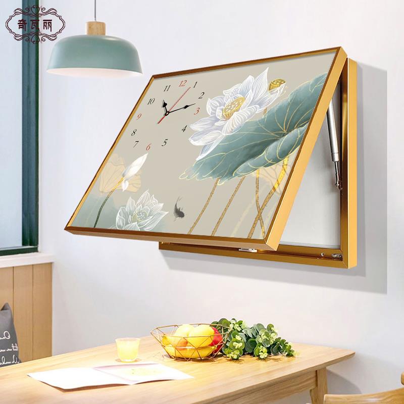 新中式电表箱装饰画时钟带钟表免打孔荷花叶电闸盒配电箱遮挡挂画