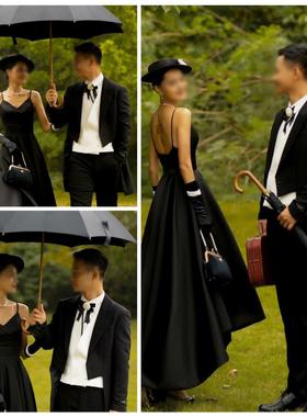 浪漫赫本风婚纱摄影道具黑伞法式帽子外景街拍珍珠手包欧式英文书