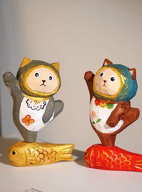 【脚踏锦鲤好运向前】手工木雕小摆件卡通可爱工位趣味摆放装饰品
