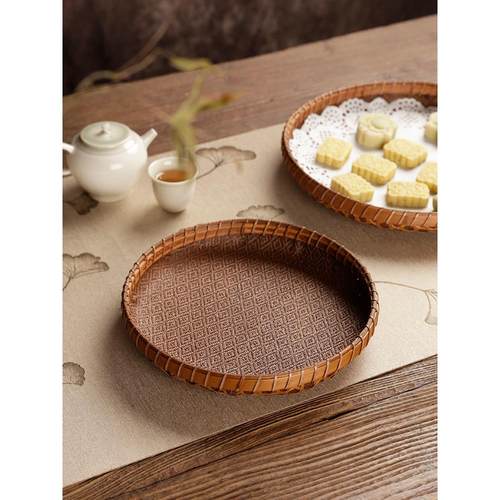 高档手工藤编席面竹编托盘精品圆簸箕水果篮子茶道点心馒头收纳筐