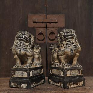 彷古石雕青石覆古雌雄狮子一对中式案头茶席装饰摆饰文玩收藏包邮