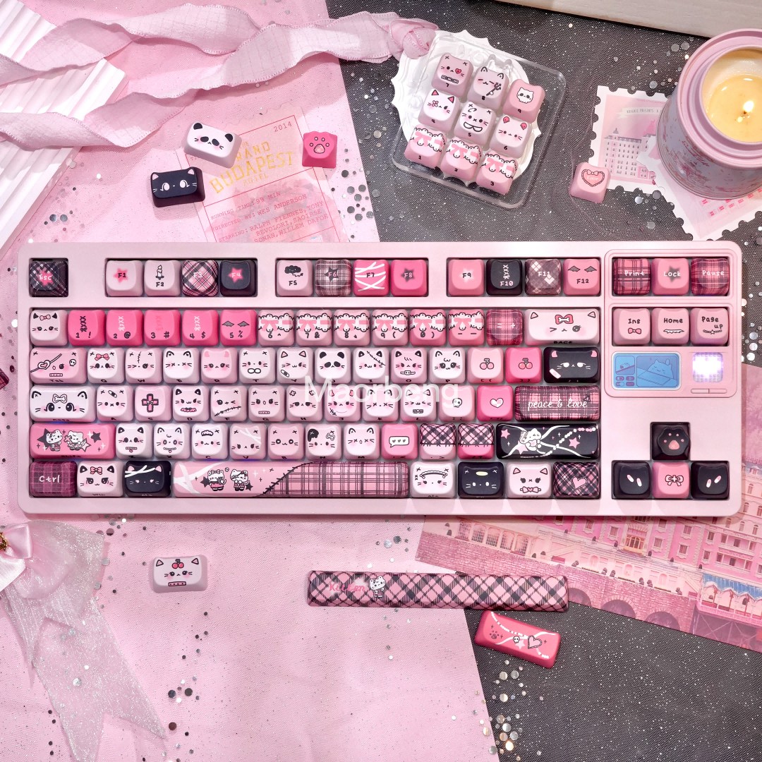 猫尔本黑粉亚比MAO高度机械键盘140颗十字键帽亚比酷炫黑粉色系