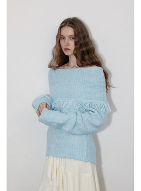 in modo diverso原创设计感秘鲁羊驼毛菱形绞花两穿宽松流苏毛衣