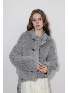 in modo diverso 原创设计环保皮毛一体两面穿麂皮宽松立领外套女