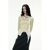 diverso modo 原创设计花纱镂空针织拼接假两件贝壳扣缀饰T恤