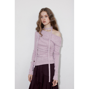 原创设计绒感花纱分割褶皱斜肩飘带针织T恤女 diverso modo